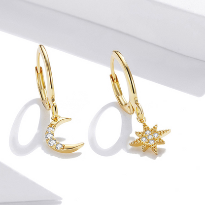 Moon and Star Pendant Hoop Earrings