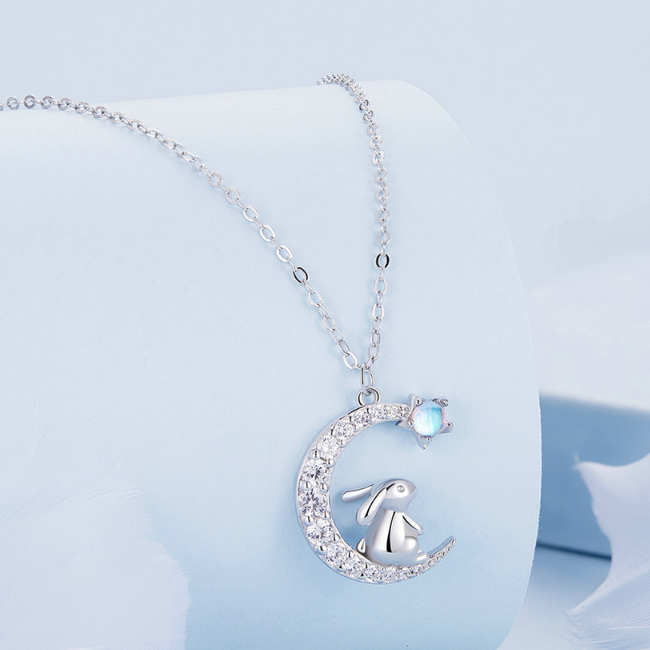 Moon Necklace with Rabbit and Star