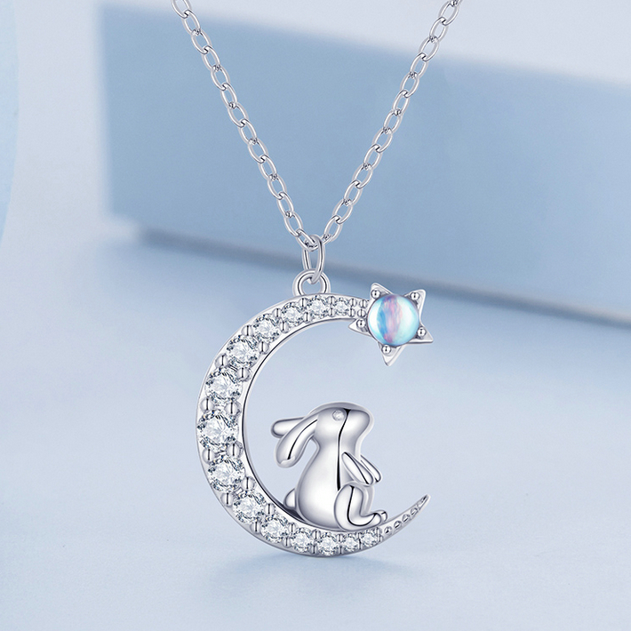 Moon Necklace with Rabbit and Star