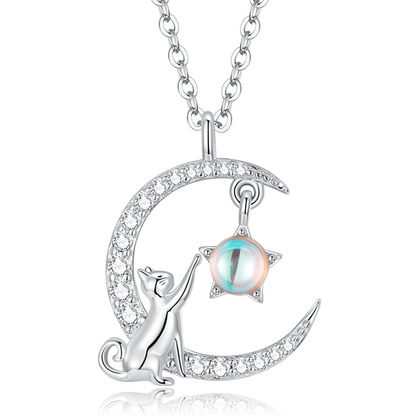 Moon Necklace with Cat and Star