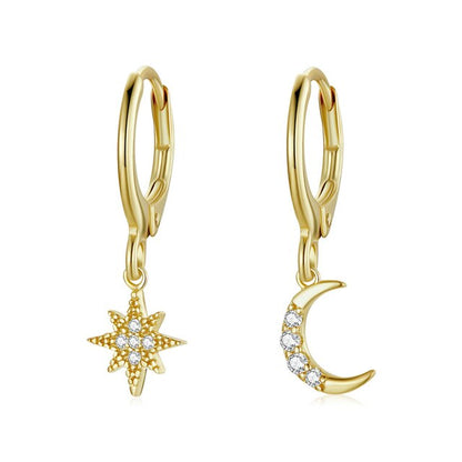 Moon and Star Pendant Hoop Earrings