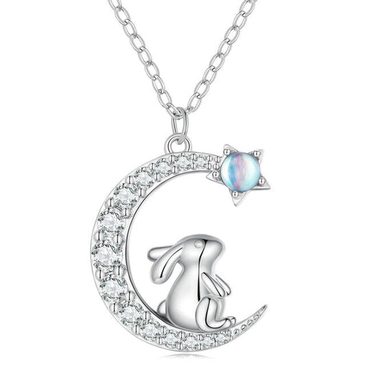 Moon Necklace with Rabbit and Star